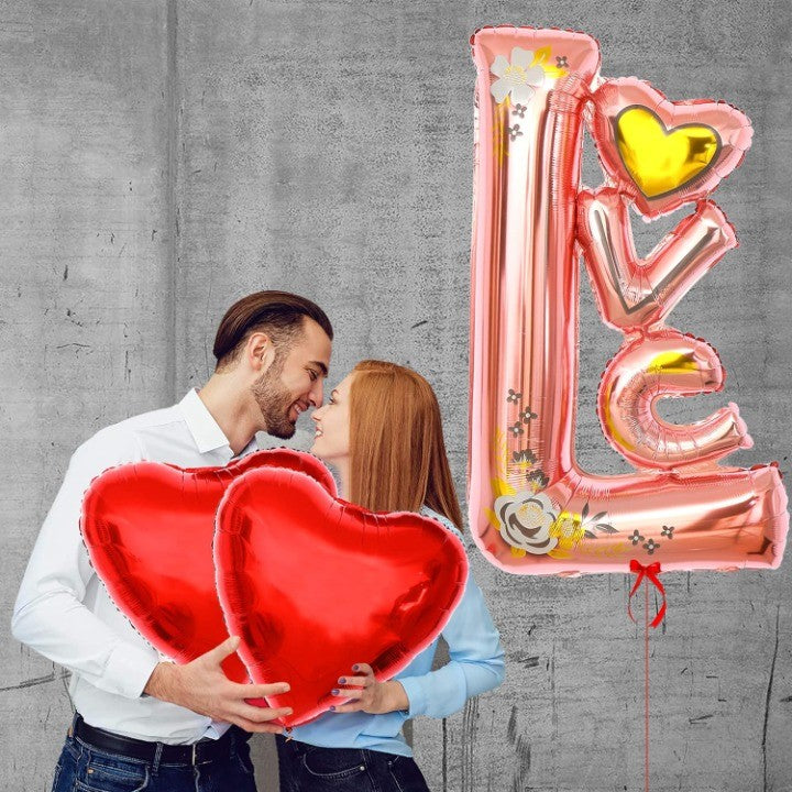 Balon din Folie Metalizata, Model LOVE, Figurine Tematica Iubire, Umflare Aer sau Heliu, Include Pai, 110x64 cm, Roz