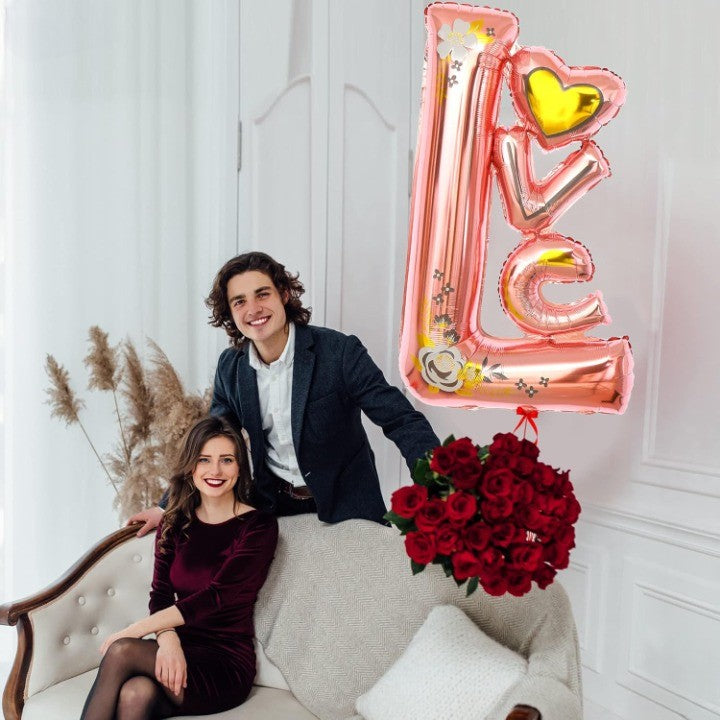 Balon din Folie Metalizata, Model LOVE, Figurine Tematica Iubire, Umflare Aer sau Heliu, Include Pai, 110x64 cm, Roz