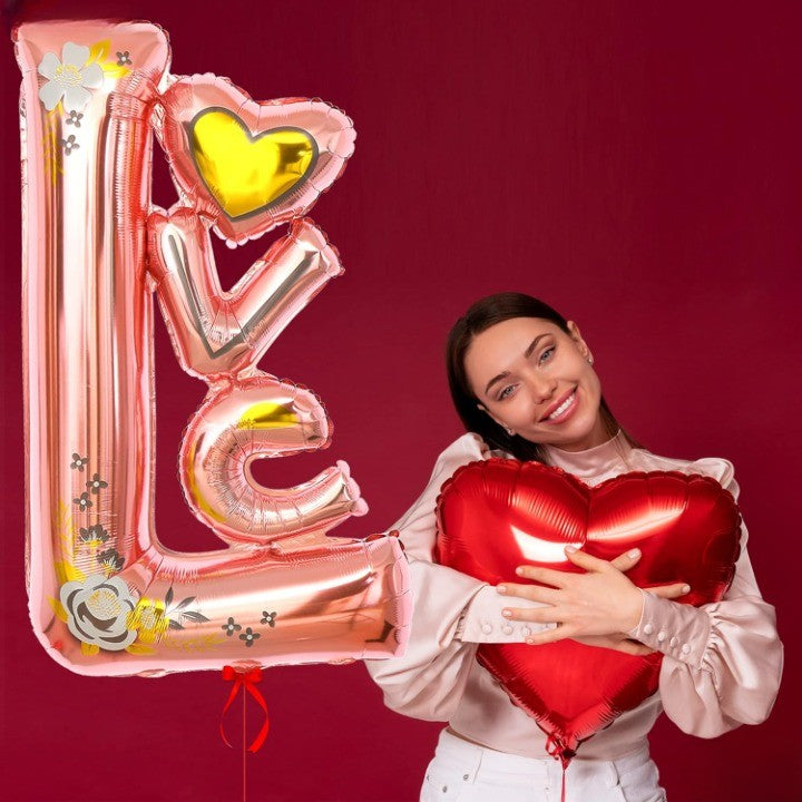 Balon din Folie Metalizata, Model LOVE, Figurine Tematica Iubire, Umflare Aer sau Heliu, Include Pai, 110x64 cm, Roz