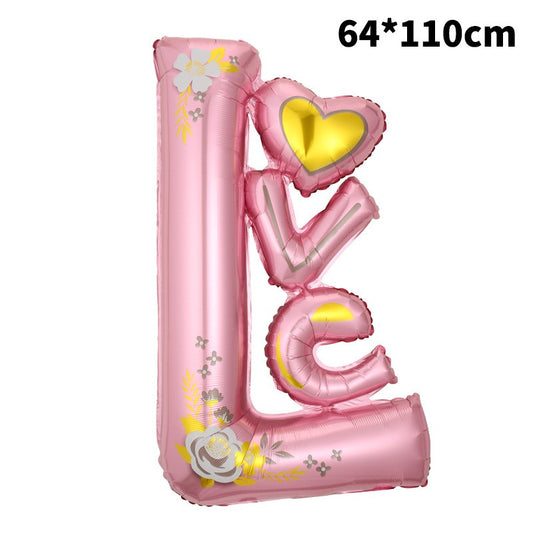 Balon din Folie Metalizata, Model LOVE, Figurine Tematica Iubire, Umflare Aer sau Heliu, Include Pai, 110x64 cm, Roz