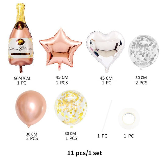 Set 9 Baloane Party, Model Sticla de Sampanie, Folie Metalizata si Latex, Umflare Aer sau Heliu, Include Bat si Adeziv, Roz si Alb