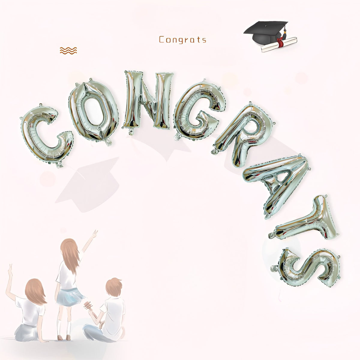 Set Baloane Litere Congrats din Folie Metalizată, Decoratiuni Absolvire, Umflare Aer sau Heliu, Înălțime 40 cm, Argintiu