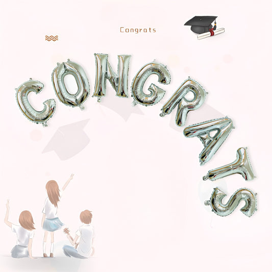 Set Baloane Litere Congrats din Folie Metalizată, Decoratiuni Absolvire, Umflare Aer sau Heliu, Înălțime 40 cm, Argintiu