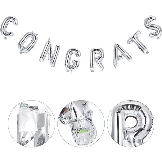 Set Baloane Litere Congrats din Folie Metalizată, Decoratiuni Absolvire, Umflare Aer sau Heliu, Înălțime 40 cm, Argintiu