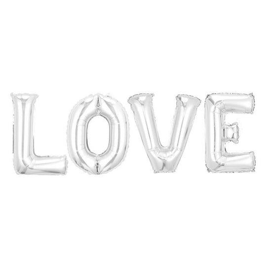 Set 4 Baloane Litere Love din Folie Metalizata, Decoratiune Iubire si Aniversari, Umflare Aer sau Heliu, Argintiu, 80 cm