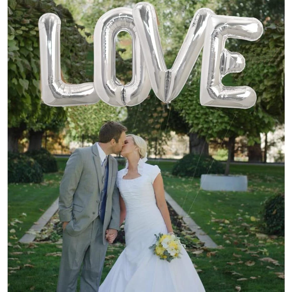 Set 4 Baloane Litere Love din Folie Metalizata, Decoratiune Iubire si Aniversari, Umflare Aer sau Heliu, Argintiu, 80 cm
