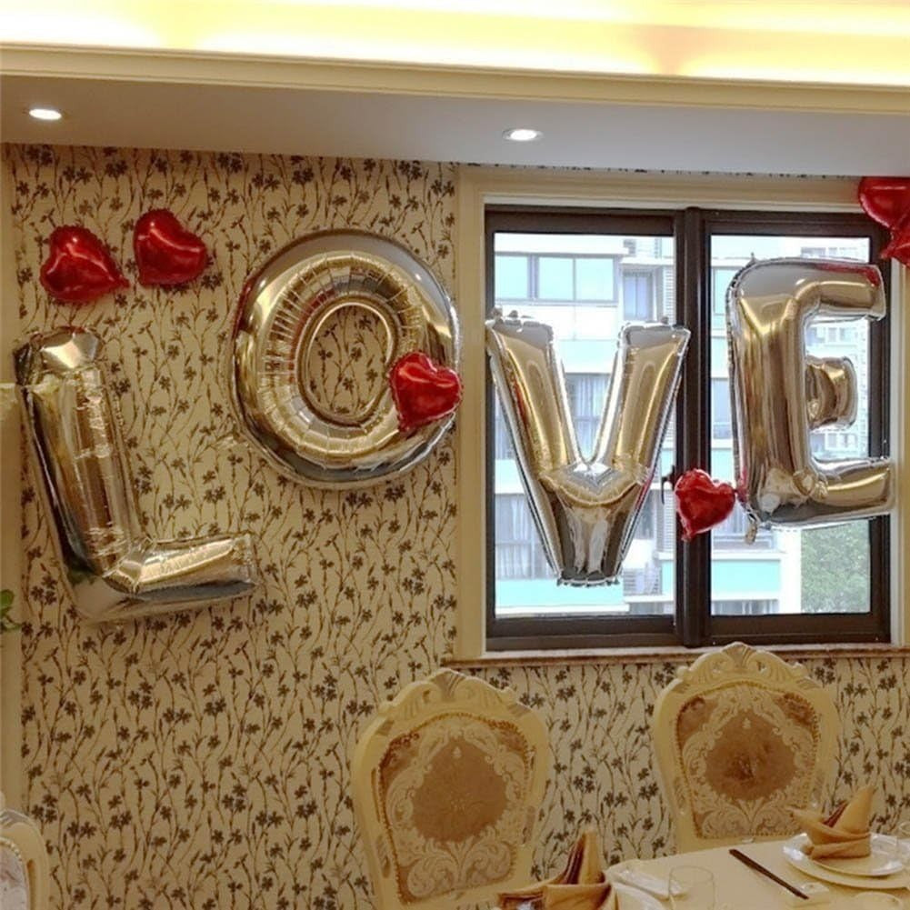 Set 4 Baloane Litere Love din Folie Metalizata, Decoratiune Iubire si Aniversari, Umflare Aer sau Heliu, Argintiu, 80 cm