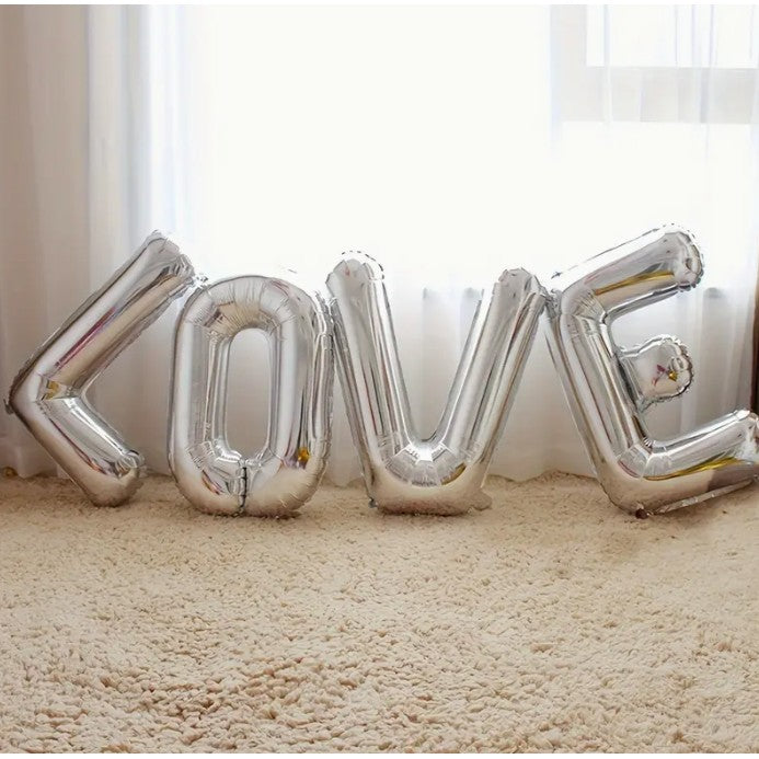 Set 4 Baloane Litere Love din Folie Metalizata, Decoratiune Iubire si Aniversari, Umflare Aer sau Heliu, Argintiu, 80 cm
