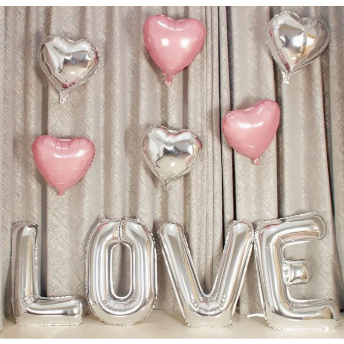Set 4 Baloane Litere Love din Folie Metalizata, Decoratiune Iubire si Aniversari, Umflare Aer sau Heliu, Argintiu, 80 cm