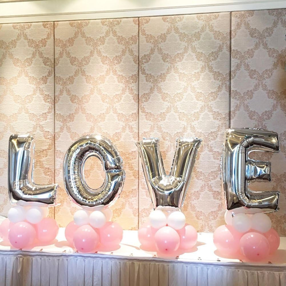 Set 4 Baloane Litere Love din Folie Metalizata, Decoratiune Iubire si Aniversari, Umflare Aer sau Heliu, Argintiu, 80 cm