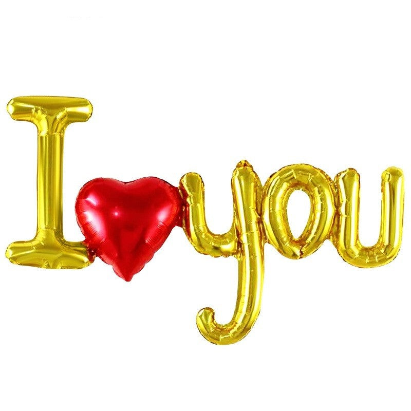 Set Baloane Folie Metalizata, Model I Love You cu Inimioara, Decoratiuni Ziua Indragostitilor, Umflare Aer sau Heliu, Pai Inclus, 54x97 cm, Auriu