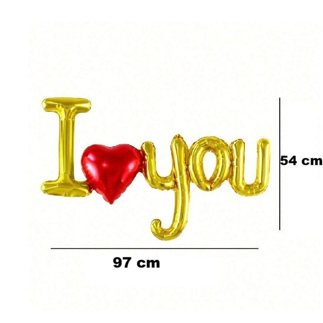 Set Baloane Folie Metalizata, Model I Love You cu Inimioara, Decoratiuni Ziua Indragostitilor, Umflare Aer sau Heliu, Pai Inclus, 54x97 cm, Auriu