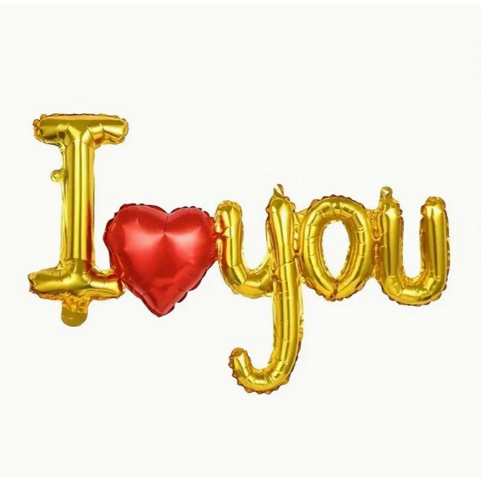 Set Baloane Folie Metalizata, Model I Love You cu Inimioara, Decoratiuni Ziua Indragostitilor, Umflare Aer sau Heliu, Pai Inclus, 54x97 cm, Auriu