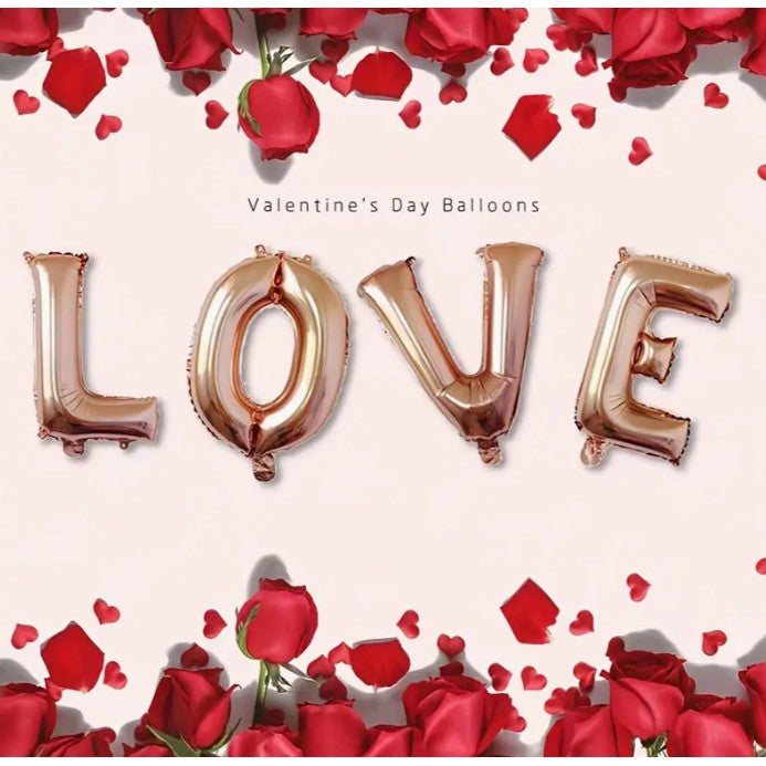 Set 4 Baloane Litere Love, Decoratiuni Petrecere Tema Iubire, Folie Metalizata, Umflare Aer sau Heliu, Pai Inclus, 80 cm, Roz