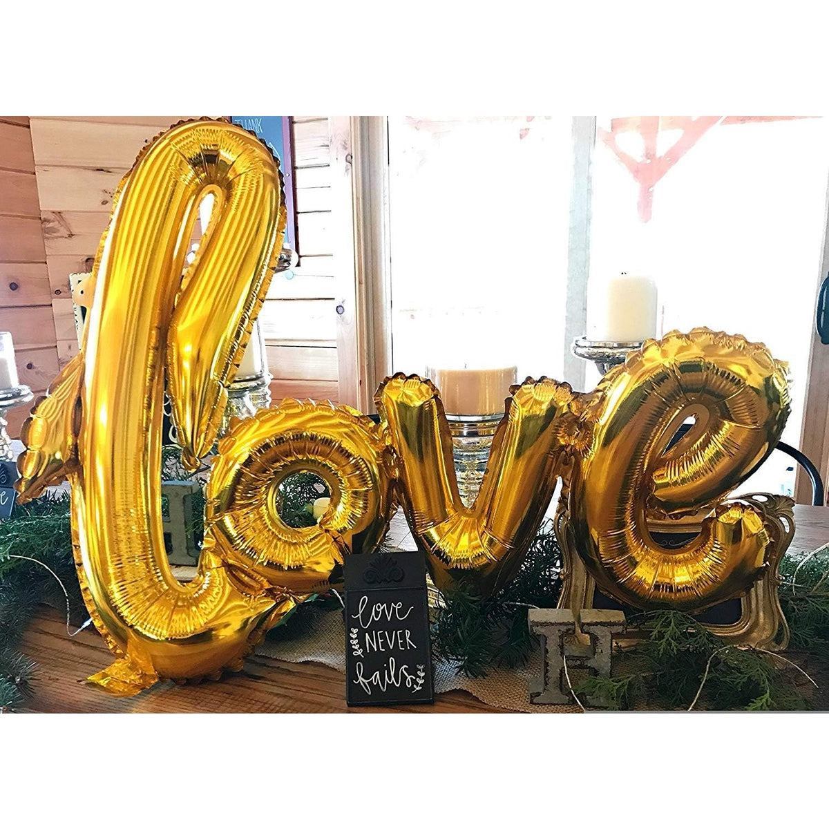 Balon din Folie Metalizata, Model Love Scris de Mana, Decor Ziua Indragostitilor, Compatibil Aer sau Heliu, Include Pai Umflare, Auriu, 102x65 cm