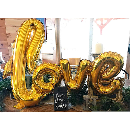 Balon din Folie Metalizata, Model Love Scris de Mana, Decor Ziua Indragostitilor, Compatibil Aer sau Heliu, Include Pai Umflare, Auriu, 102x65 cm