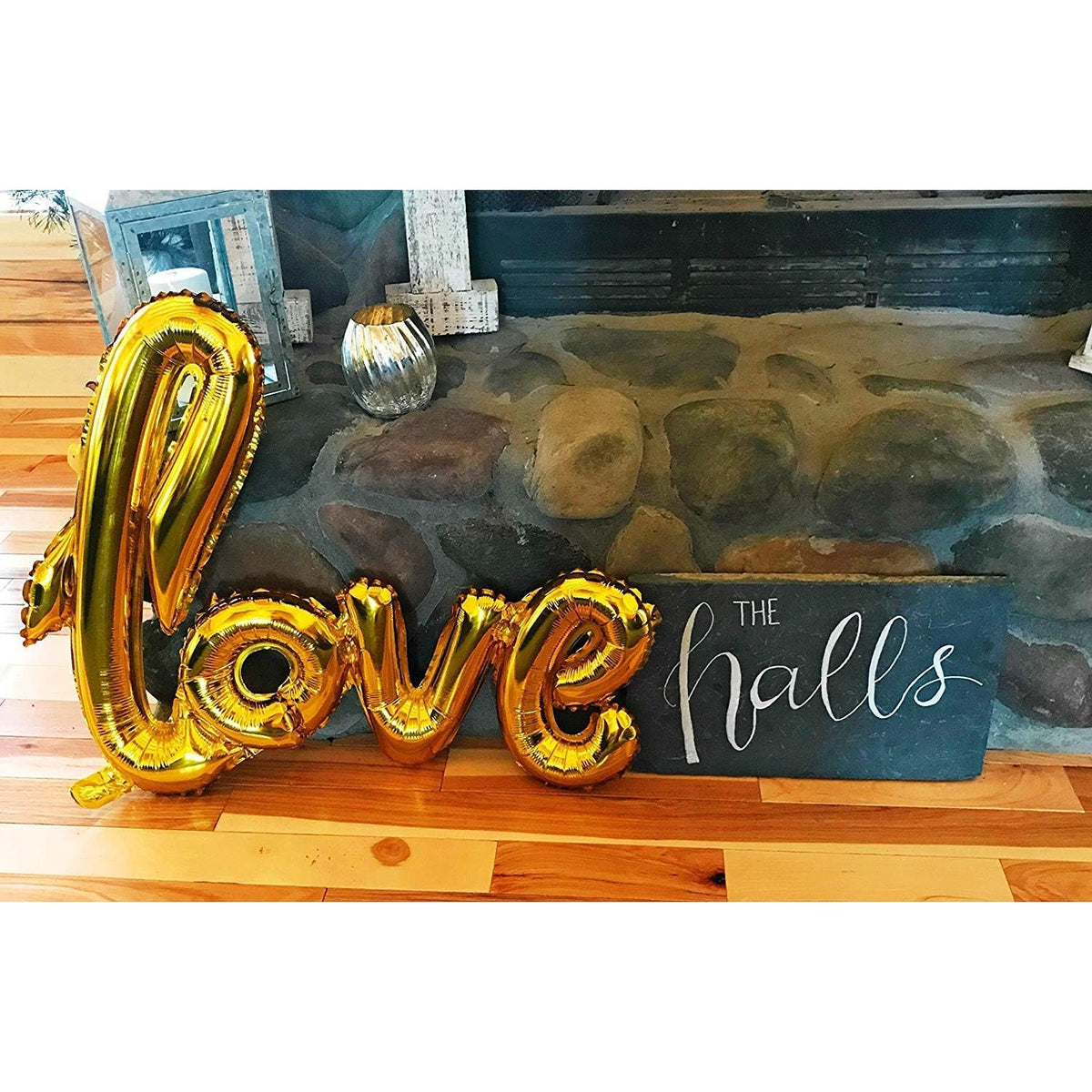 Balon din Folie Metalizata, Model Love Scris de Mana, Decor Ziua Indragostitilor, Compatibil Aer sau Heliu, Include Pai Umflare, Auriu, 102x65 cm