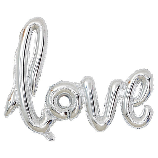 Balon Folie Metalizata Love, Model Scris de Mana, Decoratiune Ziua Indragostitilor si Aniversari, Umflare Aer sau Heliu, Argintiu, 102x65 cm