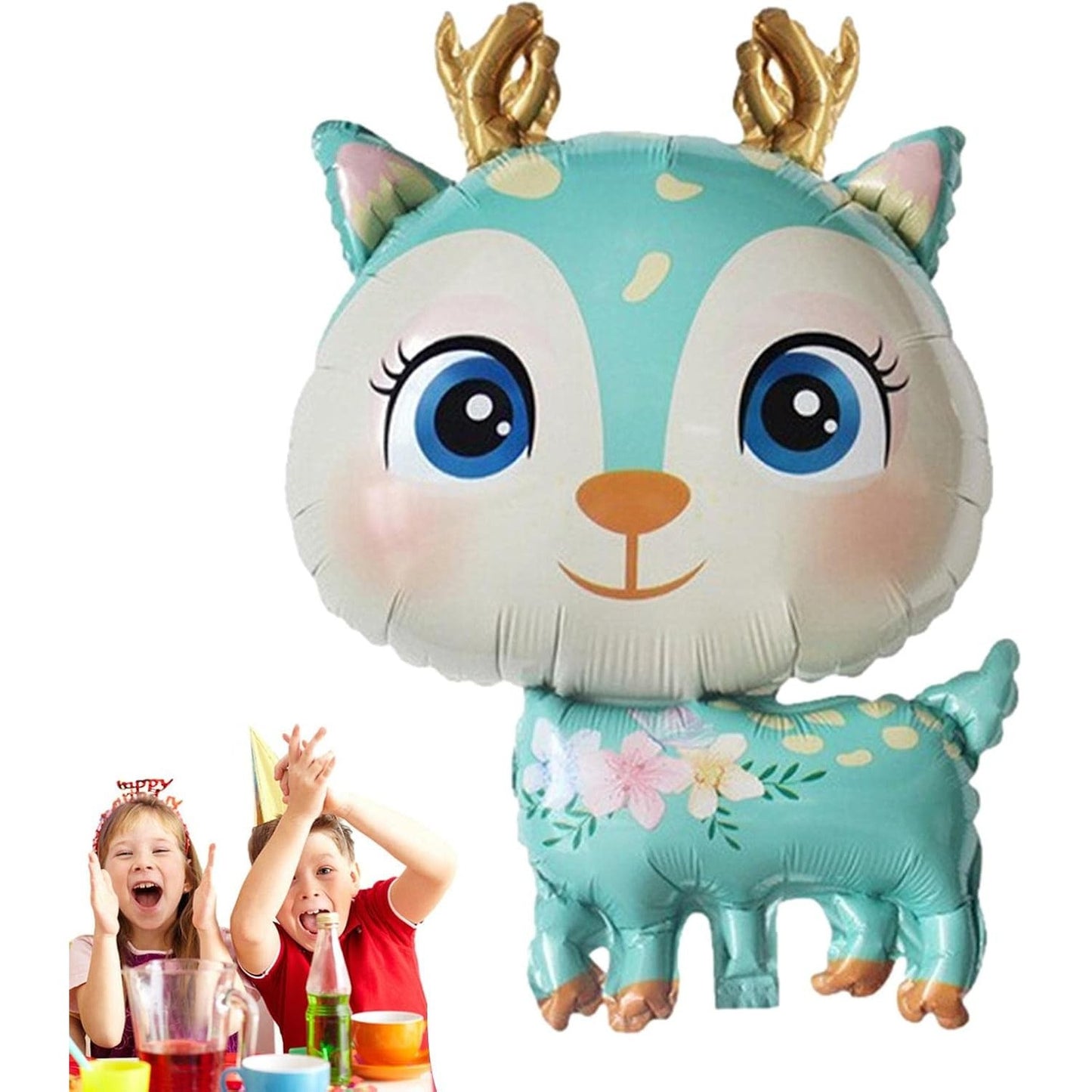 Balon din Folie Metalizată, Figurină Model Cerb, Decorațiune Tematică Aniversară, Umflare Aer sau Heliu, include Pai, 49x74.5 cm, Albastru