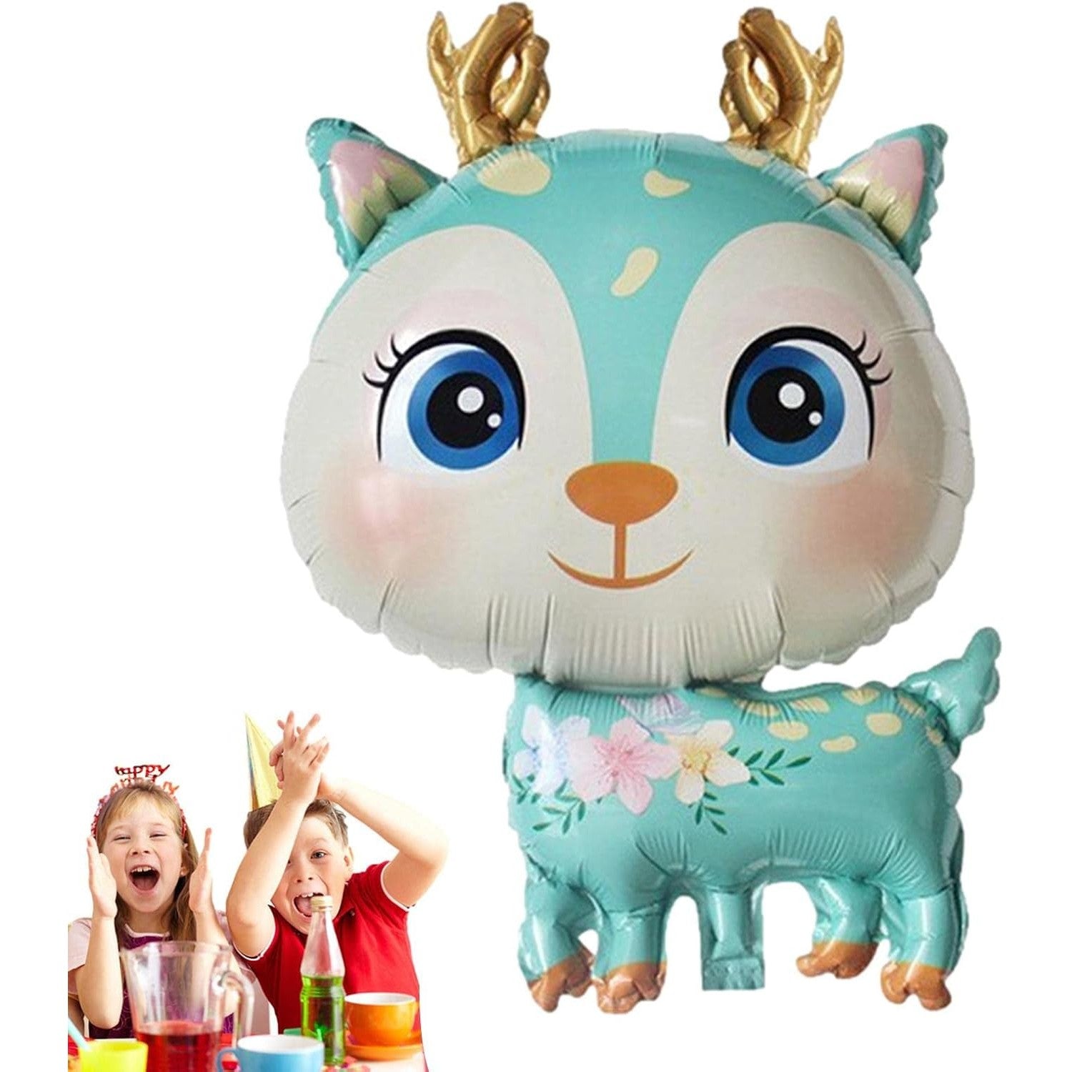 Balon din Folie Metalizată, Figurină Model Cerb, Decorațiune Tematică Aniversară, Umflare Aer sau Heliu, include Pai, 49x74.5 cm, Albastru