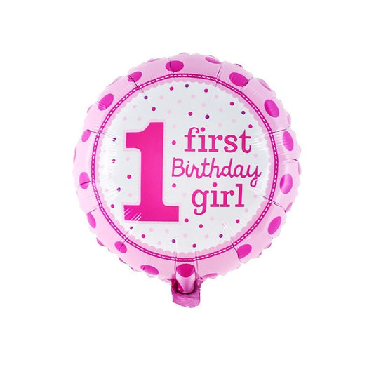 Balon din Folie Metalizata Prima Aniversare, Model First Birthday Girl, Rezistent la Aer sau Heliu, Include Pai Umflare, Roz, 45 cm
