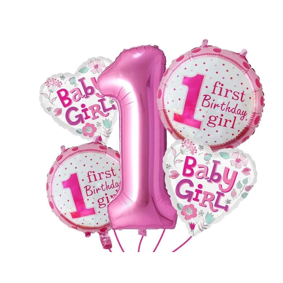 Balon din Folie Metalizata Prima Aniversare, Model First Birthday Girl, Rezistent la Aer sau Heliu, Include Pai Umflare, Roz, 45 cm
