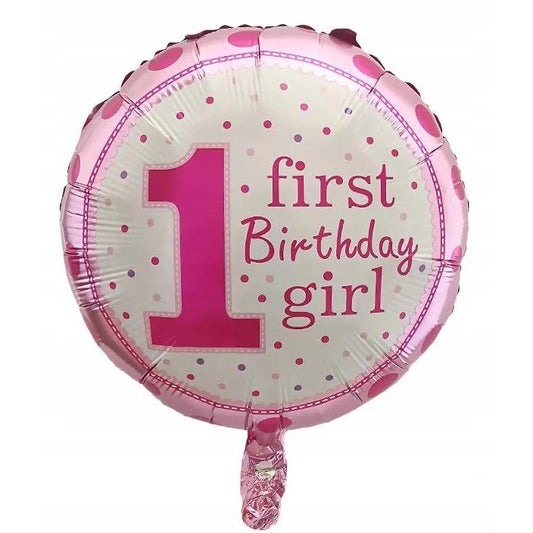 Balon din Folie Metalizata Prima Aniversare, Model First Birthday Girl, Rezistent la Aer sau Heliu, Include Pai Umflare, Roz, 45 cm