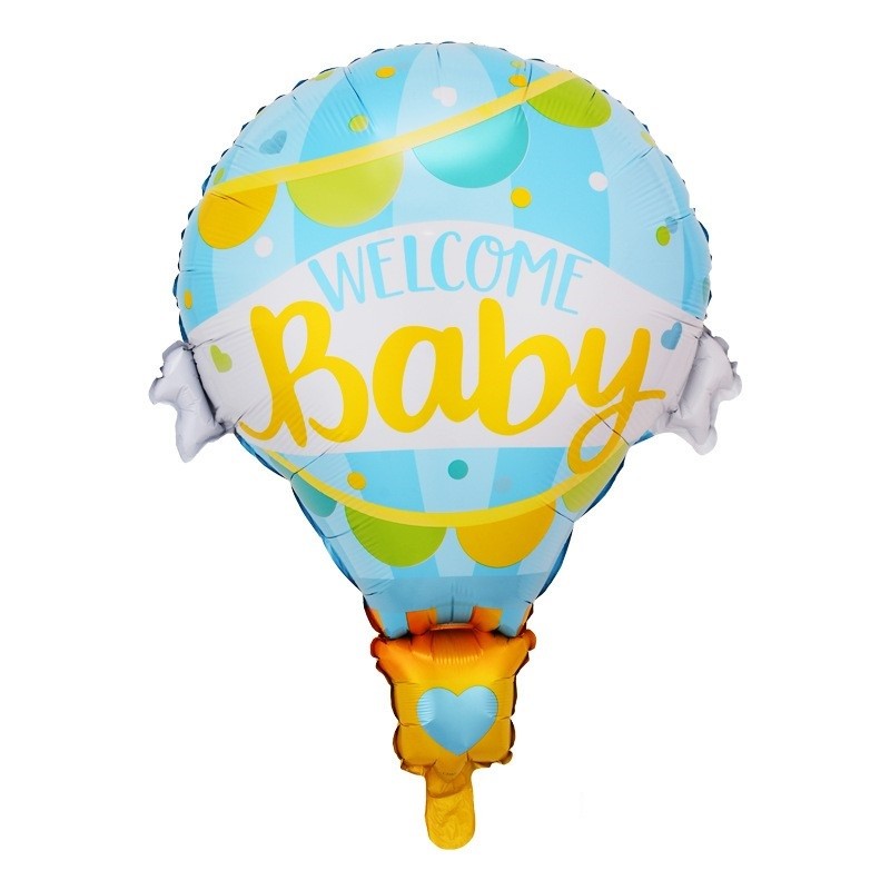 Balon din Folie Metalizata, Model Balon cu Aer Cald Baietel, Tematica Welcome Baby si Botez, Reutilizabil, Umflare cu Aer sau Heliu, Albastru, 80x62 cm