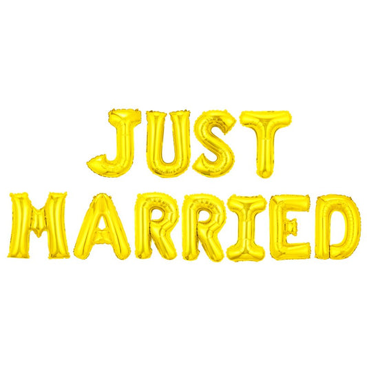Set Baloane Just Married din Folie Metalizata, Litere Individuale pentru Decor Nunta, Umflare Aer sau Heliu, Accesorii Incluse, 40 cm, Auriu