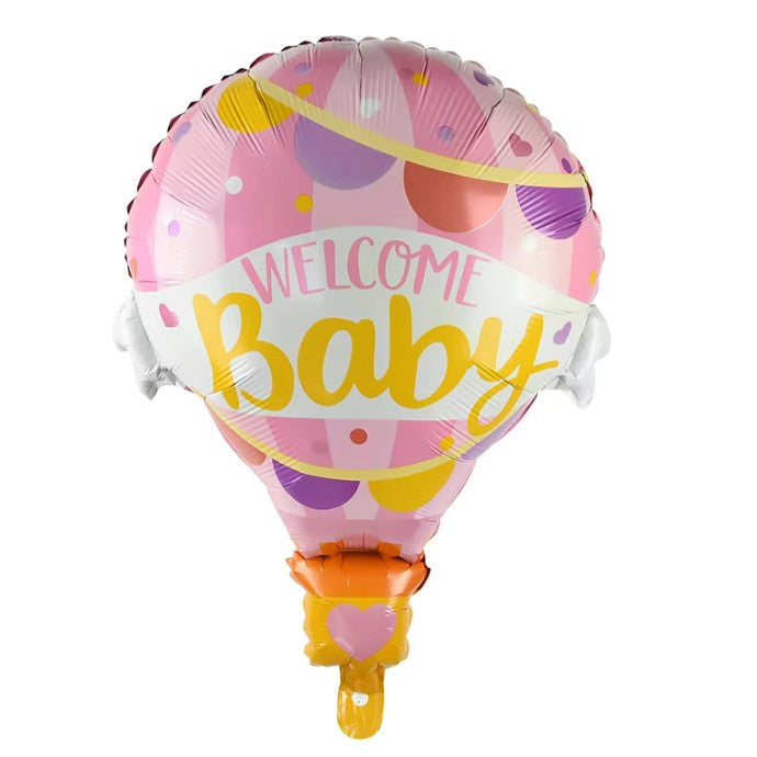 Balon din Folie Metalizată, Model Balon cu Aer Cald Fetiță, Tematică Welcome Baby, Umflare Aer sau Heliu, Roz, 80x62 cm