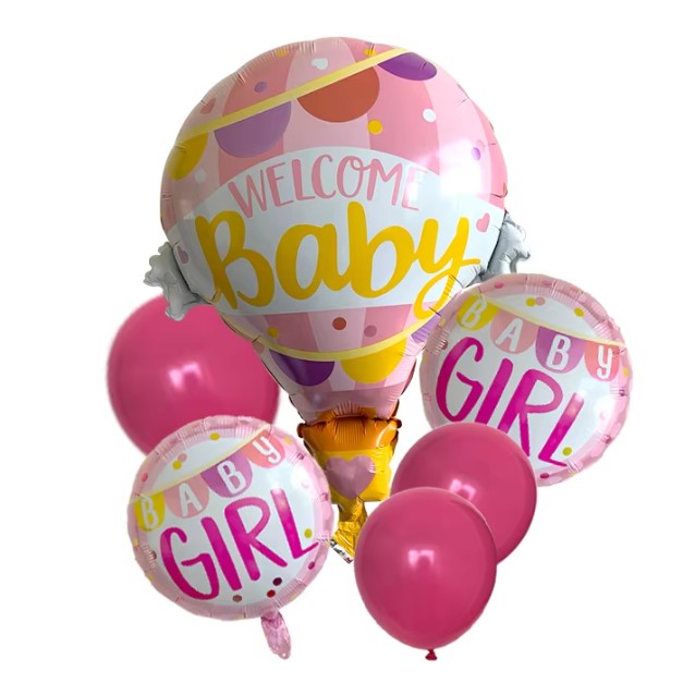 Balon din Folie Metalizată, Model Balon cu Aer Cald Fetiță, Tematică Welcome Baby, Umflare Aer sau Heliu, Roz, 80x62 cm