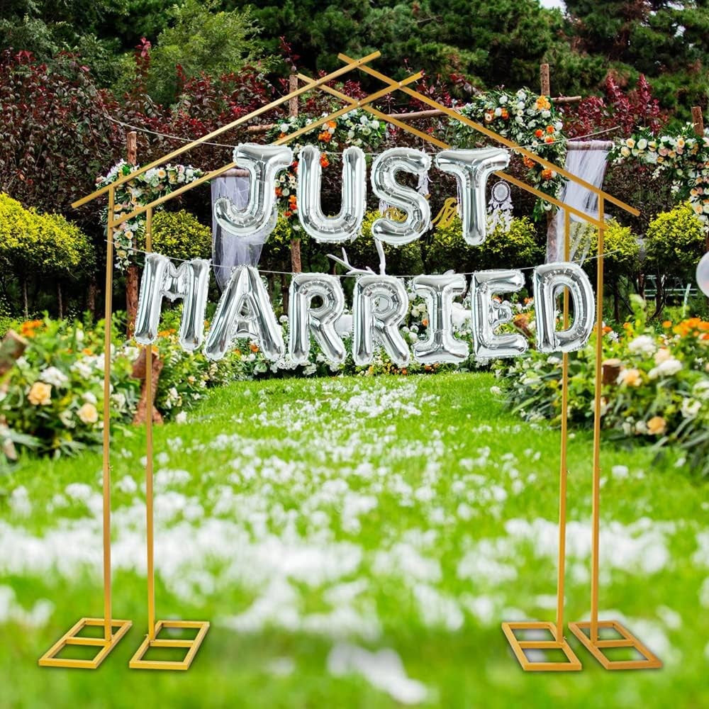 Set Baloane Just Married, Litere din Folie Metalizata pentru Nunta si Party, Kit Complet cu Pai, Ata si Adeziv, 40 cm, Argintiu