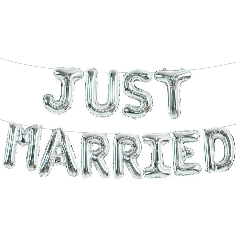 Set Baloane Just Married, Litere din Folie Metalizata pentru Nunta si Party, Kit Complet cu Pai, Ata si Adeziv, 40 cm, Argintiu