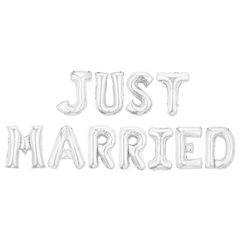 Set Baloane Just Married, Litere din Folie Metalizata pentru Nunta si Party, Kit Complet cu Pai, Ata si Adeziv, 40 cm, Argintiu