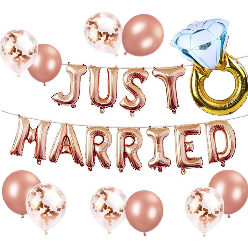 Set Baloane Litere Just Married din Folie Metalizata, Decoratiuni Nunta si Petrecere, Include Pai si Accesorii Fixare, Umflare Aer sau Heliu, 40 cm, Roz
