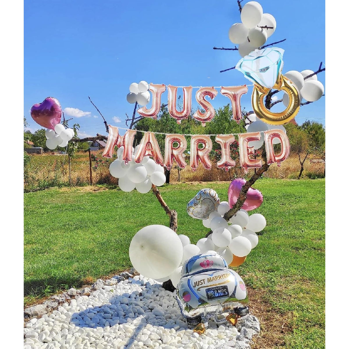 Set Baloane Litere Just Married din Folie Metalizata, Decoratiuni Nunta si Petrecere, Include Pai si Accesorii Fixare, Umflare Aer sau Heliu, 40 cm, Roz