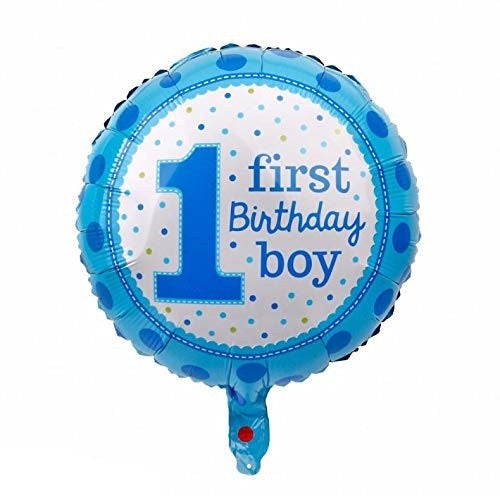 Balon din Folie Metalizată Prima Aniversare, Model First Birthday Boy, Umflare Aer sau Heliu, Ambalaj Individual cu Pai Inclus, 45 cm, Albastru