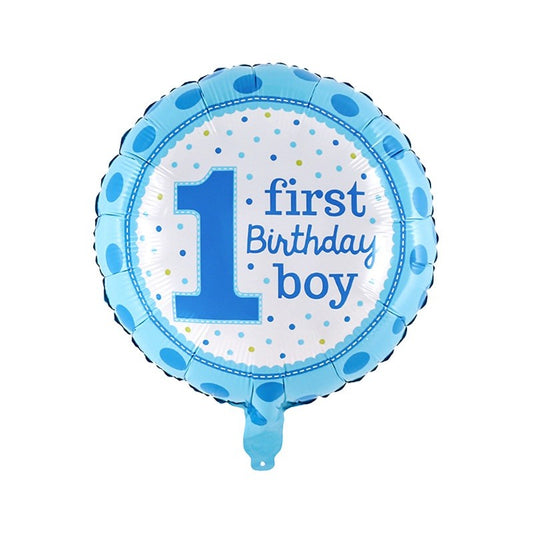 Balon din Folie Metalizată Prima Aniversare, Model First Birthday Boy, Umflare Aer sau Heliu, Ambalaj Individual cu Pai Inclus, 45 cm, Albastru