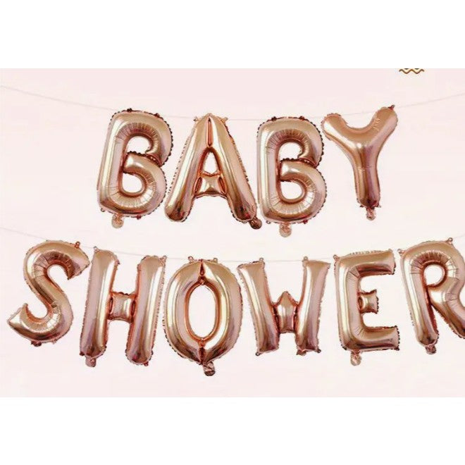 Set Baloane Baby Shower, Litere Din Folie Metalizata, Decoratiuni Petrecere Cu Pai Si Adeziv Inclus, Roz Gold, 40 cm