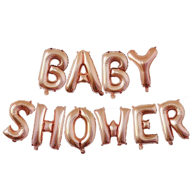 Set Baloane Baby Shower, Litere Din Folie Metalizata, Decoratiuni Petrecere Cu Pai Si Adeziv Inclus, Roz Gold, 40 cm