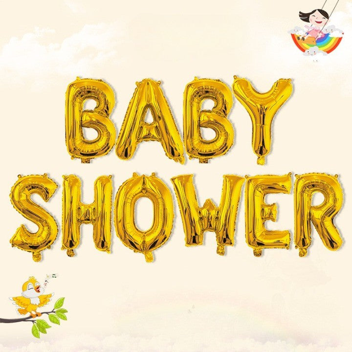 Set Baloane Baby Shower din Folie Metalizata, Litere 40 cm, Decor Petrecere cu Pai, Ata si Adeziv Incluse, Umflare Aer sau Heliu, Auriu