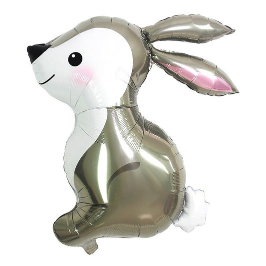 Balon din Folie Metalizata, Model Iepure, Tema Animalute, Umflare Aer sau Heliu, Include Pai, Gri, 56x73 cm