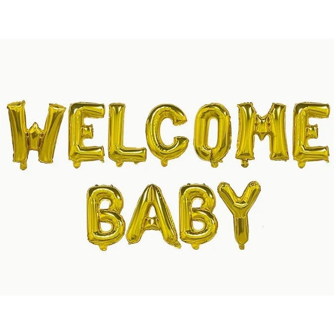 Set Baloane Welcome Baby, Decoratiuni Party din Folie Metalizata, Litere 40 cm, Kit Complet cu Pai si Adeziv, Umflare Aer sau Heliu, Auriu