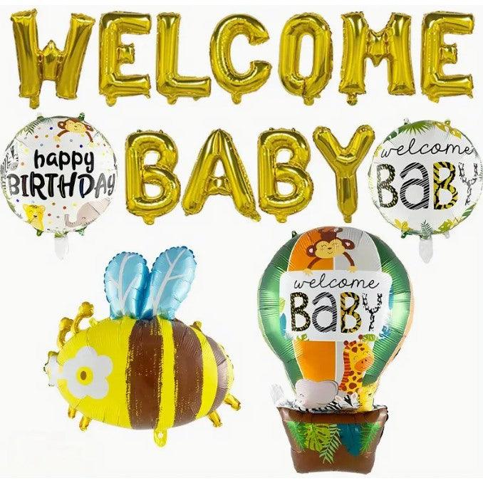 Set Baloane Welcome Baby, Decoratiuni Party din Folie Metalizata, Litere 40 cm, Kit Complet cu Pai si Adeziv, Umflare Aer sau Heliu, Auriu