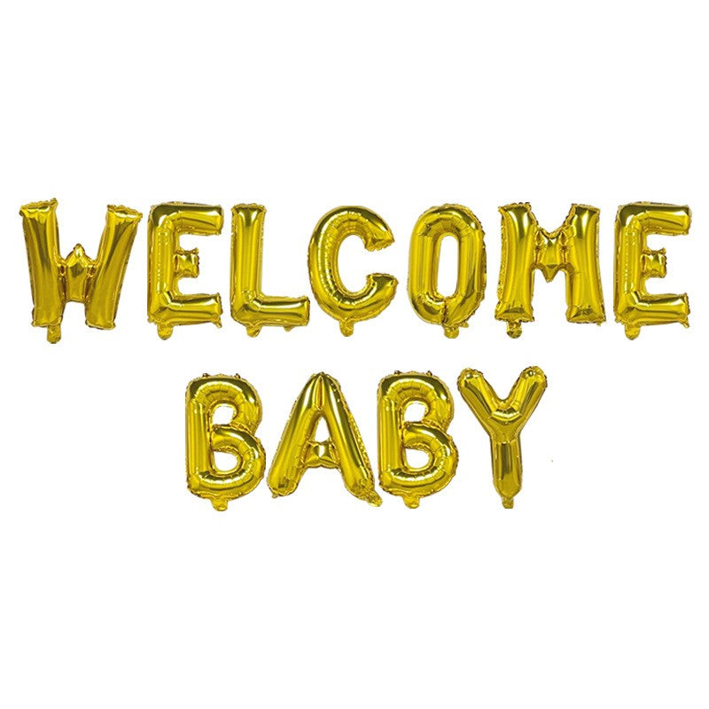 Set Baloane Welcome Baby, Decoratiuni Party din Folie Metalizata, Litere 40 cm, Kit Complet cu Pai si Adeziv, Umflare Aer sau Heliu, Auriu