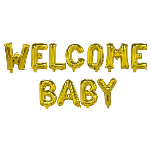 Set Baloane Welcome Baby, Decoratiuni Party din Folie Metalizata, Litere 40 cm, Kit Complet cu Pai si Adeziv, Umflare Aer sau Heliu, Auriu