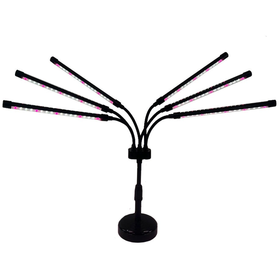 Lampa UV pentru Cresterea Plantelor, 6 Capete Flexibile cu 108 LED-uri, Spectru Rosu si Albastru, Temporizator 4/8/12h, 9 Trepte Luminozitate, Inaltime Ajustabila 68.5 cm, Clema Fixare, 30W, Alb-Mov