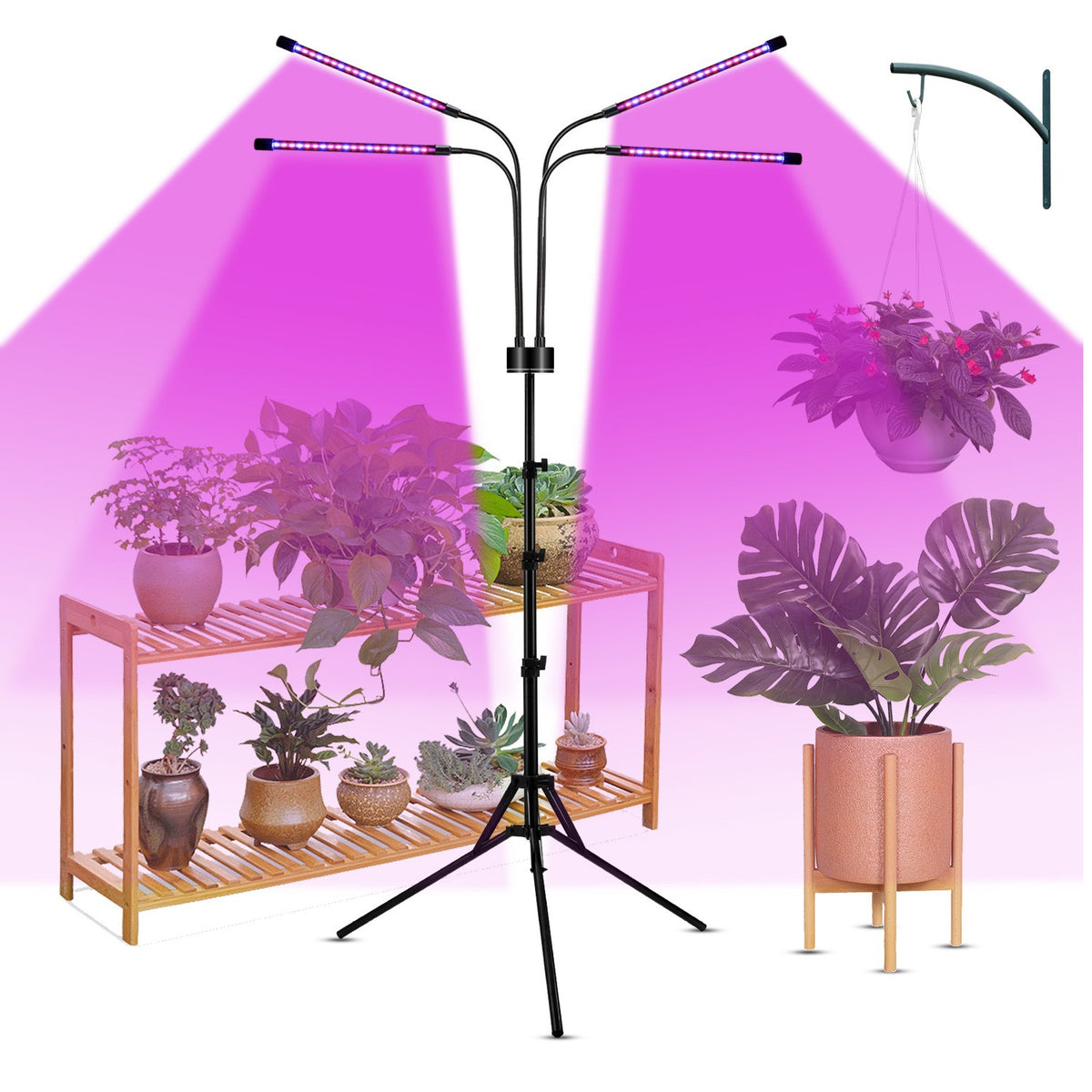Lampa UV LED pentru Cresterea Plantelor, 4 Brate Flexibile, Spectru Complet Rosu si Albastru, 108 LED-uri, Trepied Ajustabil 2 m, Temporizator, 9 Trepte Luminozitate, Alimentare 12V, Putere 30W, Negru
