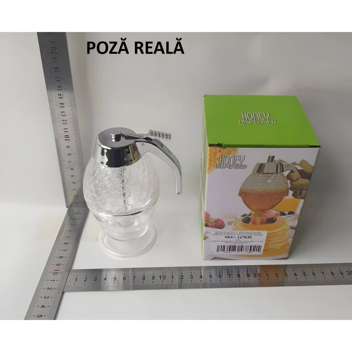 Dozator de Miere si Sirop, Dispenser fara Picurare cu Sistem de Eliberare Inferioara, Recipient Tip Fagure pentru Zahar, Acril Rezistent, 200 ml, Transparent