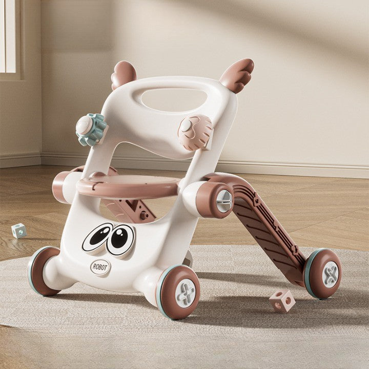 Antemergator 8 in 1 pentru Copii, Centru de Activitati Multifunctional, Trotineta, Scuter si Scaun de Masa cu Tavita, Maner de Impingere, Plastic Rezistent, 56x44x64cm, Maro